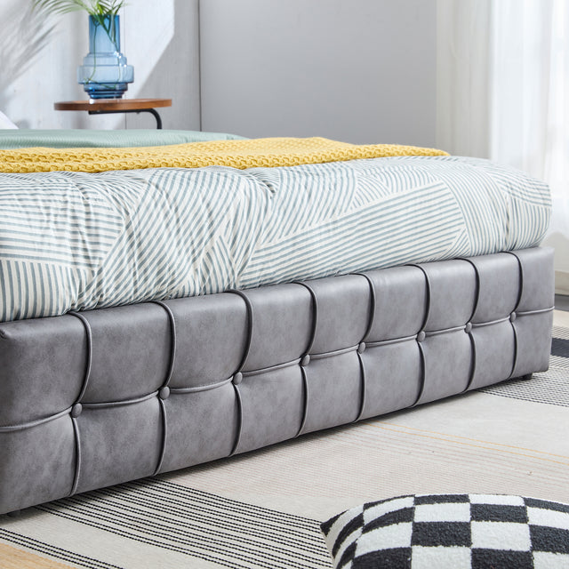 Queen Size Grey Tech cloth Button Embedded Adjustable Headboard Height Upholstered Platform Bed Frame  with 4 Storage Drawers