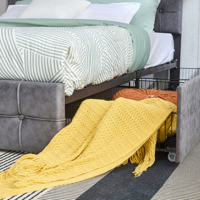 Queen Size Grey Tech cloth Button Embedded Adjustable Headboard Height Upholstered Platform Bed Frame  with 4 Storage Drawers