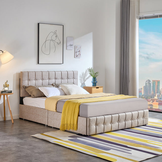 Queen size Upholstered Storage Bed Frame with Adjustable Headboard, Square Stitched Button Tech cloth, Platform Beds Frame with Wood Slat Support, No Box Spring Needed,  Beige 4 Drawers and