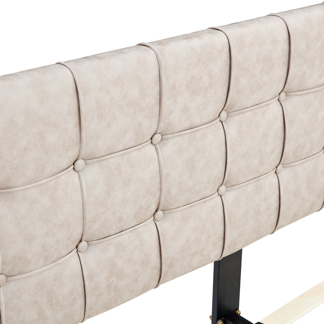 Full Size Bed Frame, Modern Upholstered Platform Bed Frame Lights and Height Adjustable Headboard, Square Stitched Button Tech cloth, No Box Spring Needed/Easy Assembly/Pack in 1-Box/Noise-Free ,Beige