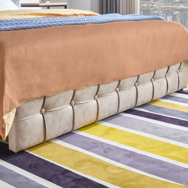 Full Size Bed Frame, Modern Upholstered Platform Bed Frame Lights and Height Adjustable Headboard, Square Stitched Button Tech cloth, No Box Spring Needed/Easy Assembly/Pack in 1-Box/Noise-Free ,Beige