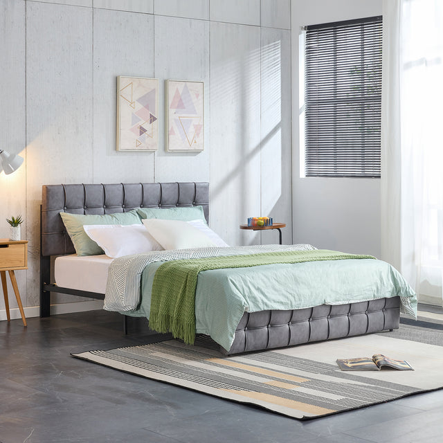 Full Size Bed Frame, Modern Upholstered Platform Bed with Adjustable Headboard, Heavy Duty Button Tech cloth Bed Frame with Wood Slat Support, Easy Assembly, No Box Spring Needed (Dark Grey, Full)