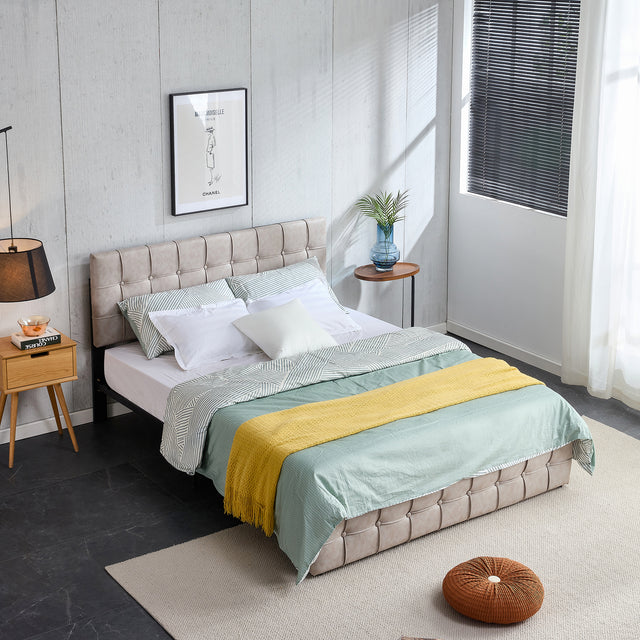 Full Size Bed Frame, Modern Upholstered Platform Bed Frame Lights and Height Adjustable Headboard, Square Stitched Button Tech cloth, No Box Spring Needed/Easy Assembly/Pack in 1-Box/Noise-Free ,Beige