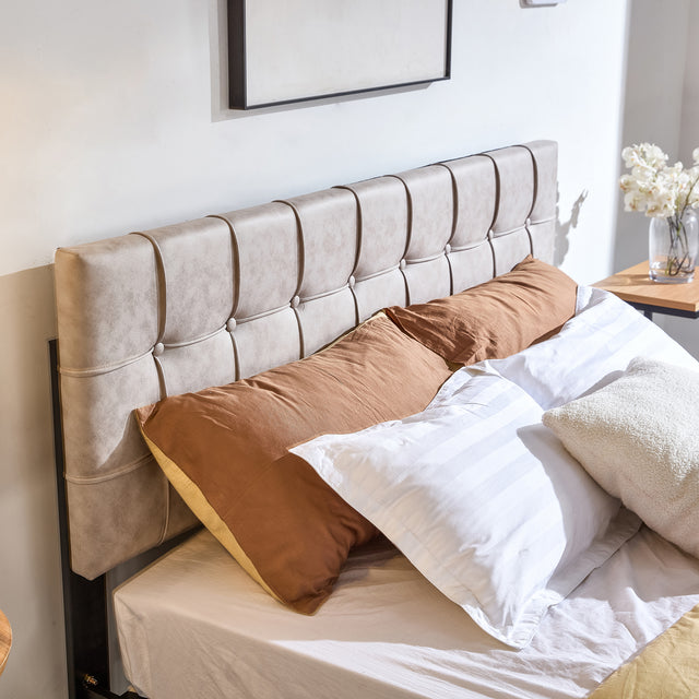 Full Size Bed Frame, Modern Upholstered Platform Bed Frame Lights and Height Adjustable Headboard, Square Stitched Button Tech cloth, No Box Spring Needed/Easy Assembly/Pack in 1-Box/Noise-Free ,Beige