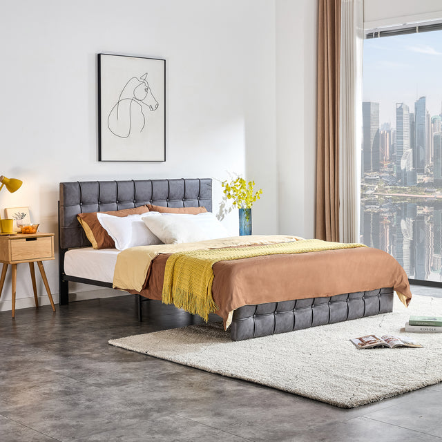 Full Size Bed Frame, Modern Upholstered Platform Bed with Adjustable Headboard, Heavy Duty Button Tech cloth Bed Frame with Wood Slat Support, Easy Assembly, No Box Spring Needed (Dark Grey, Full)
