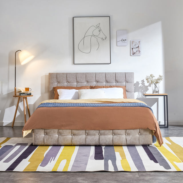 Full Size Bed Frame, Modern Upholstered Platform Bed Frame Lights and Height Adjustable Headboard, Square Stitched Button Tech cloth, No Box Spring Needed/Easy Assembly/Pack in 1-Box/Noise-Free ,Beige