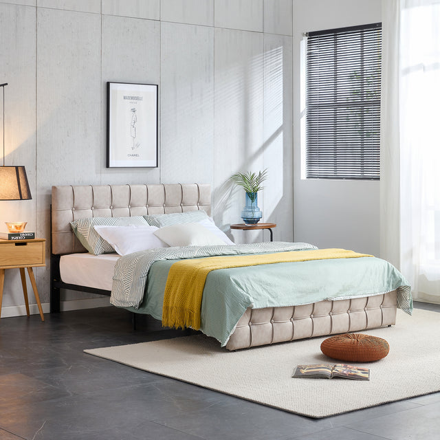 Full Size Bed Frame, Modern Upholstered Platform Bed Frame Lights and Height Adjustable Headboard, Square Stitched Button Tech cloth, No Box Spring Needed/Easy Assembly/Pack in 1-Box/Noise-Free ,Beige