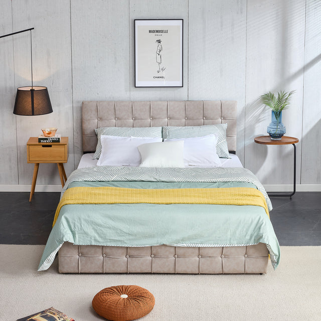 Full Size Bed Frame, Modern Upholstered Platform Bed Frame Lights and Height Adjustable Headboard, Square Stitched Button Tech cloth, No Box Spring Needed/Easy Assembly/Pack in 1-Box/Noise-Free ,Beige