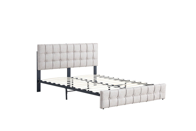 Full Size Bed Frame, Modern Upholstered Platform Bed Frame Lights and Height Adjustable Headboard, Square Stitched Button Tech cloth, No Box Spring Needed/Easy Assembly/Pack in 1-Box/Noise-Free ,Beige