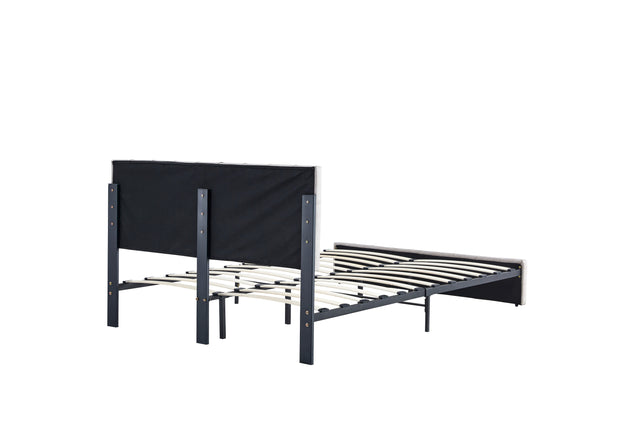 Full Size Bed Frame, Modern Upholstered Platform Bed Frame Lights and Height Adjustable Headboard, Square Stitched Button Tech cloth, No Box Spring Needed/Easy Assembly/Pack in 1-Box/Noise-Free ,Beige