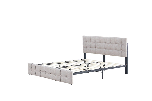 Full Size Bed Frame, Modern Upholstered Platform Bed Frame Lights and Height Adjustable Headboard, Square Stitched Button Tech cloth, No Box Spring Needed/Easy Assembly/Pack in 1-Box/Noise-Free ,Beige
