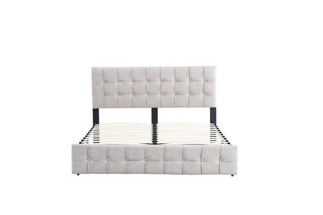 Full Size Bed Frame, Modern Upholstered Platform Bed Frame Lights and Height Adjustable Headboard, Square Stitched Button Tech cloth, No Box Spring Needed/Easy Assembly/Pack in 1-Box/Noise-Free ,Beige