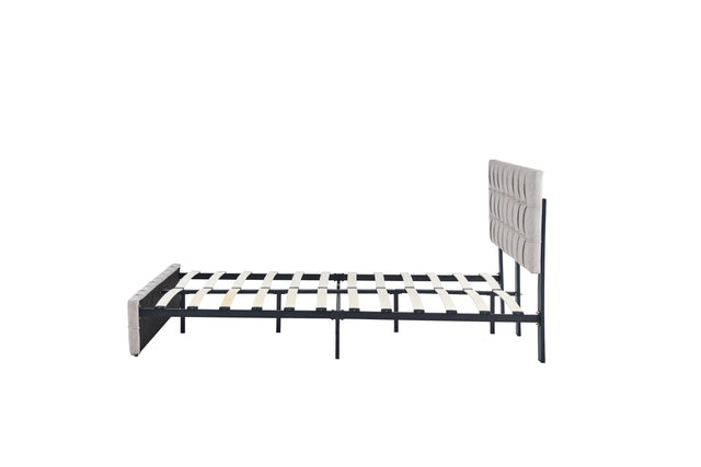 Full Size Bed Frame, Modern Upholstered Platform Bed Frame Lights and Height Adjustable Headboard, Square Stitched Button Tech cloth, No Box Spring Needed/Easy Assembly/Pack in 1-Box/Noise-Free ,Beige