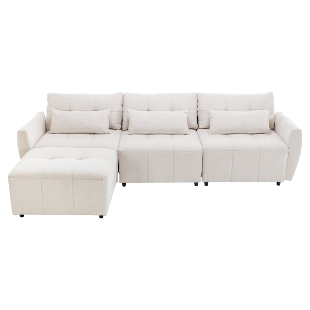 113.3" Convertible Sectional Sofa Couch 3-Seat L-Shaped Sofa with Movable Ottoman and  USB for Apartment, Living Room, Bedroom, Beige