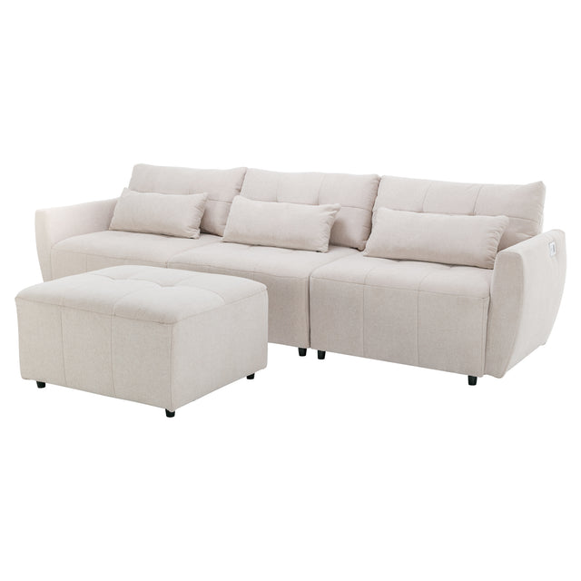 113.3" Convertible Sectional Sofa Couch 3-Seat L-Shaped Sofa with Movable Ottoman and  USB for Apartment, Living Room, Bedroom, Beige