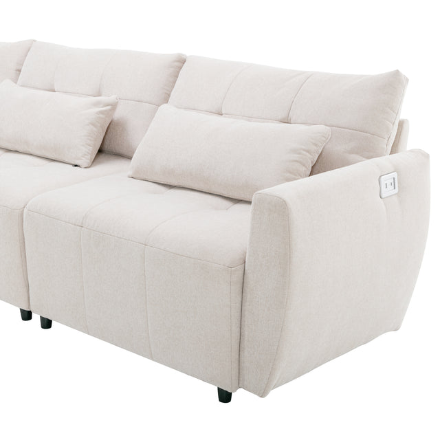 113.3" Convertible Sectional Sofa Couch 3-Seat L-Shaped Sofa with Movable Ottoman and  USB for Apartment, Living Room, Bedroom, Beige