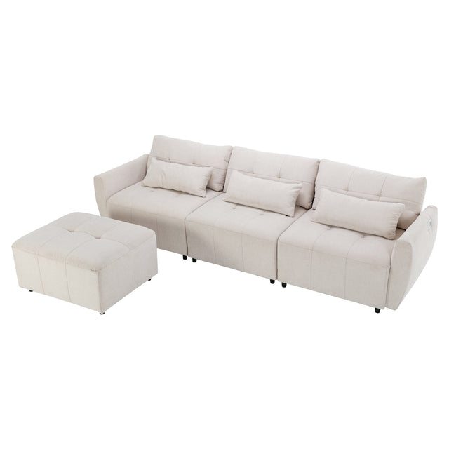 113.3" Convertible Sectional Sofa Couch 3-Seat L-Shaped Sofa with Movable Ottoman and  USB for Apartment, Living Room, Bedroom, Beige