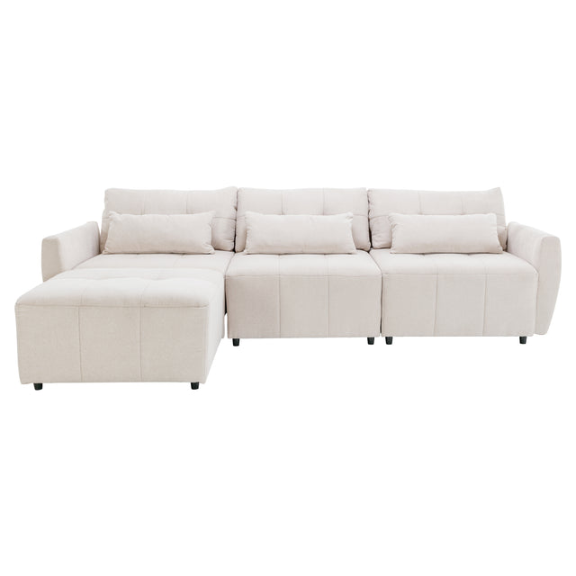 113.3" Convertible Sectional Sofa Couch 3-Seat L-Shaped Sofa with Movable Ottoman and  USB for Apartment, Living Room, Bedroom, Beige