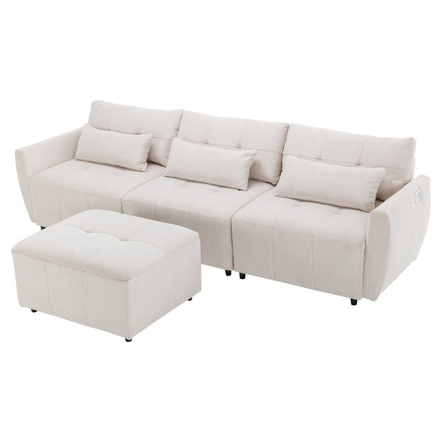 113.3" Convertible Sectional Sofa Couch 3-Seat L-Shaped Sofa with Movable Ottoman and  USB for Apartment, Living Room, Bedroom, Beige