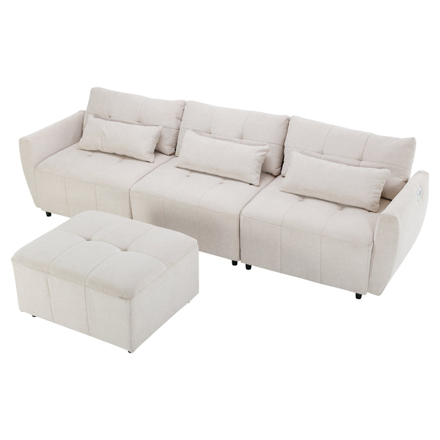 113.3" Convertible Sectional Sofa Couch 3-Seat L-Shaped Sofa with Movable Ottoman and  USB for Apartment, Living Room, Bedroom, Beige