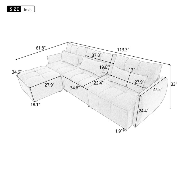 113.3" Convertible Sectional Sofa Couch 3-Seat L-Shaped Sofa with Movable Ottoman and  USB for Apartment, Living Room, Bedroom, Beige