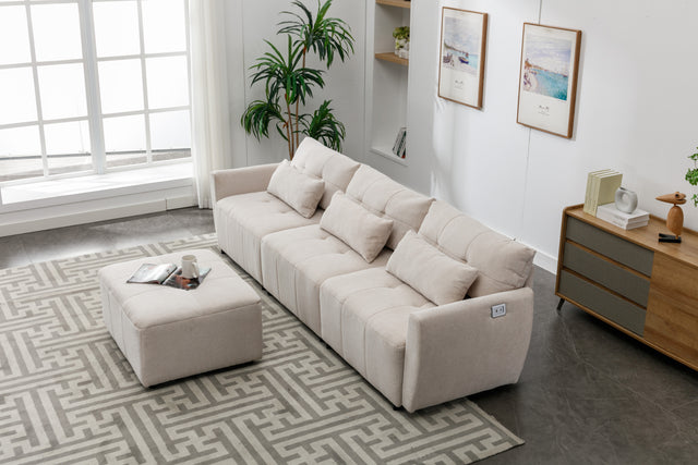 113.3" Convertible Sectional Sofa Couch 3-Seat L-Shaped Sofa with Movable Ottoman and  USB for Apartment, Living Room, Bedroom, Beige