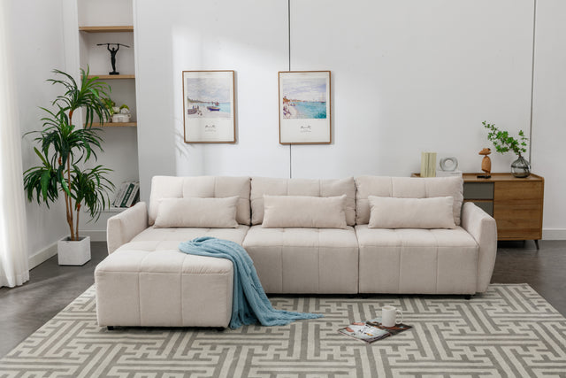 113.3" Convertible Sectional Sofa Couch 3-Seat L-Shaped Sofa with Movable Ottoman and  USB for Apartment, Living Room, Bedroom, Beige