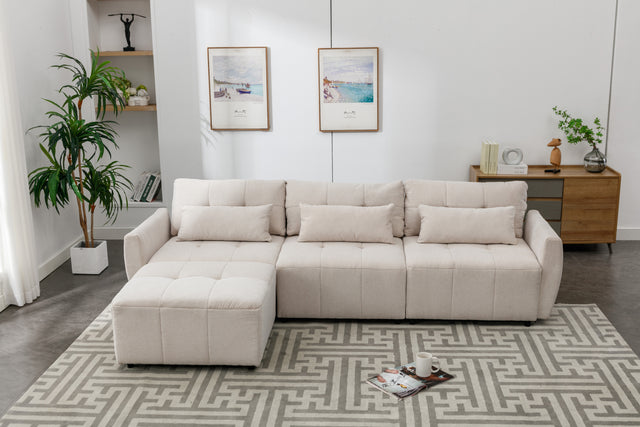 113.3" Convertible Sectional Sofa Couch 3-Seat L-Shaped Sofa with Movable Ottoman and  USB for Apartment, Living Room, Bedroom, Beige