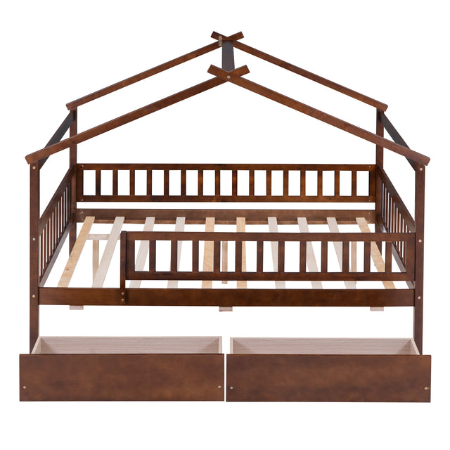 Full Size Wooden House Bed with Two Drawers, Walnut