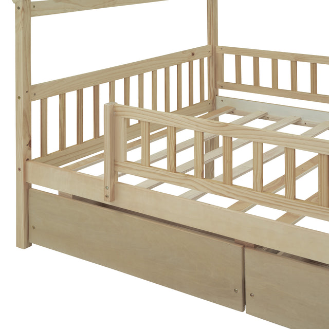 Full Size Wooden House Bed with Two Drawers, Natural