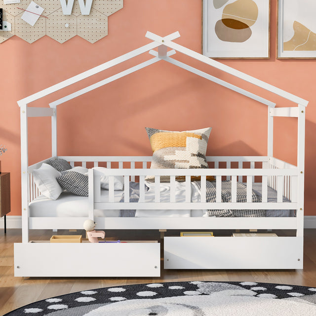 Full Size Wooden House Bed with Two Drawers, White