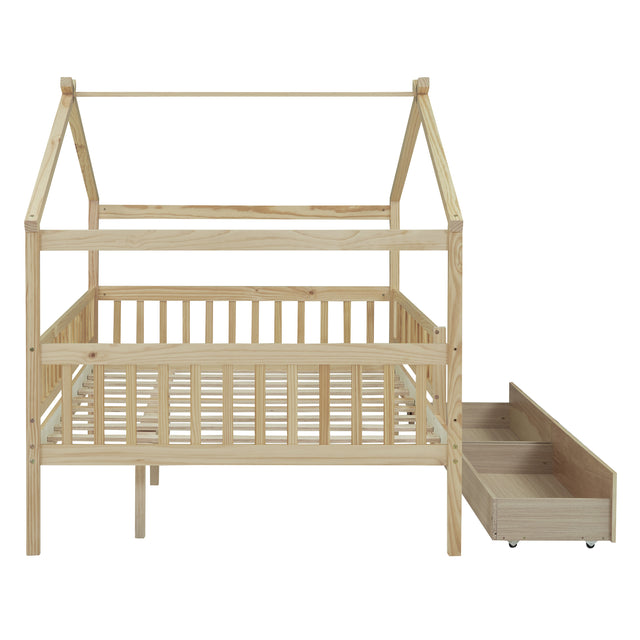 Full Size Wooden House Bed with Two Drawers, Natural