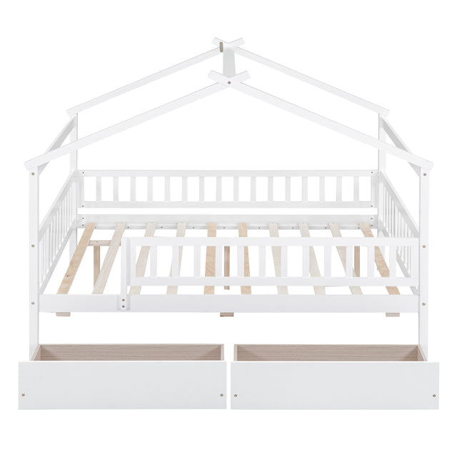 Full Size Wooden House Bed with Two Drawers, White