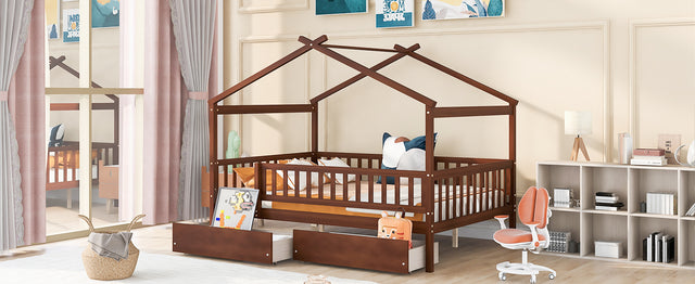 Full Size Wooden House Bed with Two Drawers, Walnut