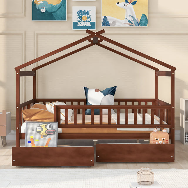 Full Size Wooden House Bed with Two Drawers, Walnut