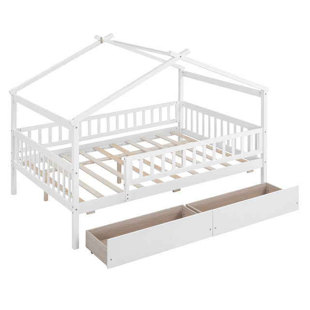 Full Size Wooden House Bed with Two Drawers, White