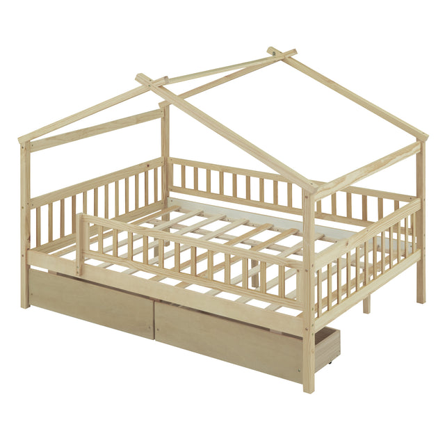 Full Size Wooden House Bed with Two Drawers, Natural