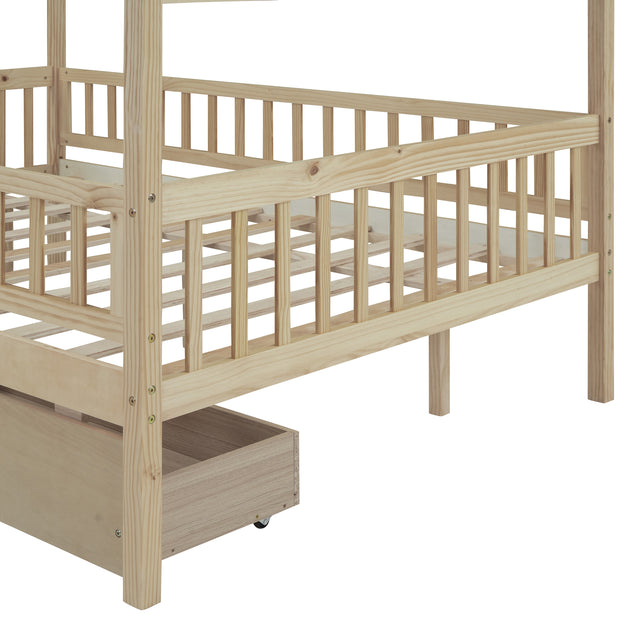 Full Size Wooden House Bed with Two Drawers, Natural