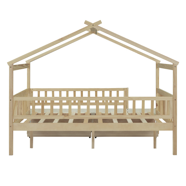Full Size Wooden House Bed with Two Drawers, Natural