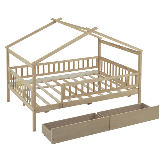 Full Size Wooden House Bed with Two Drawers, Natural