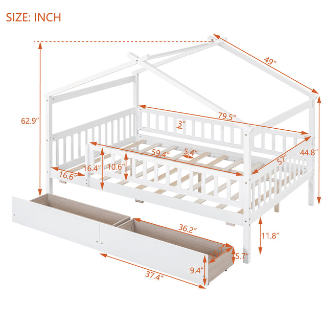 Full Size Wooden House Bed with Two Drawers, White