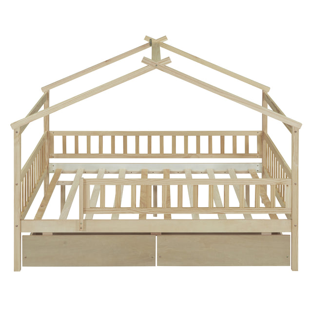 Full Size Wooden House Bed with Two Drawers, Natural