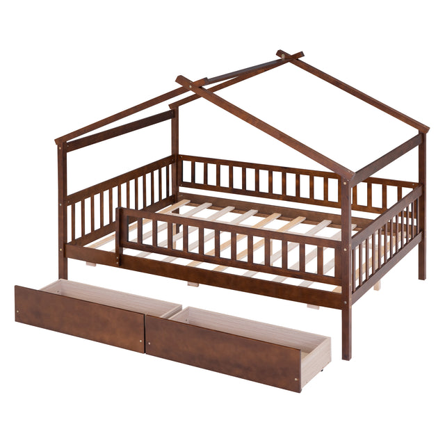 Full Size Wooden House Bed with Two Drawers, Walnut