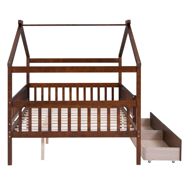 Full Size Wooden House Bed with Two Drawers, Walnut