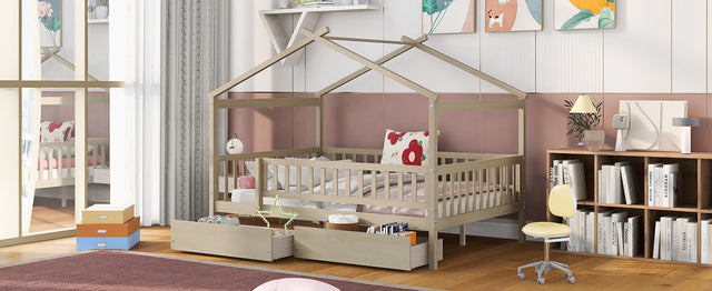 Full Size Wooden House Bed with Two Drawers, Natural