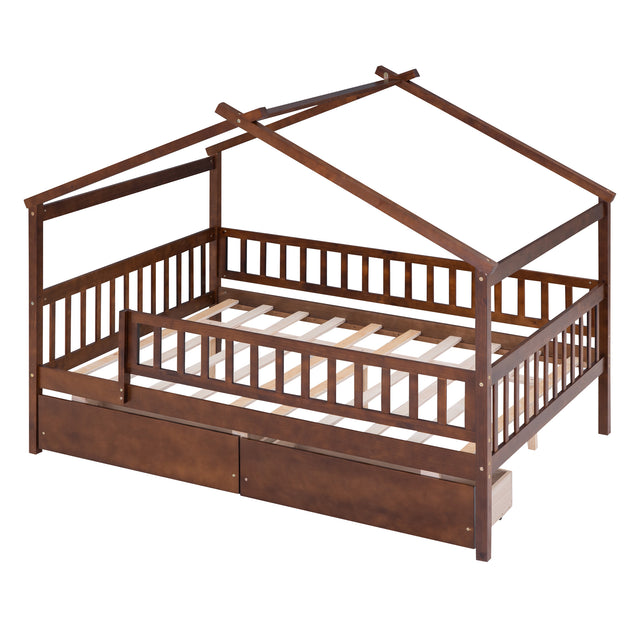 Full Size Wooden House Bed with Two Drawers, Walnut