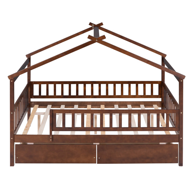 Full Size Wooden House Bed with Two Drawers, Walnut