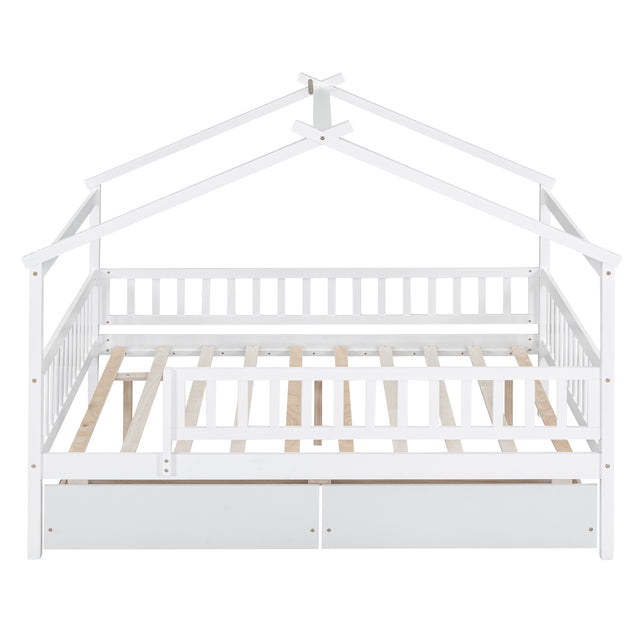 Full Size Wooden House Bed with Two Drawers, White
