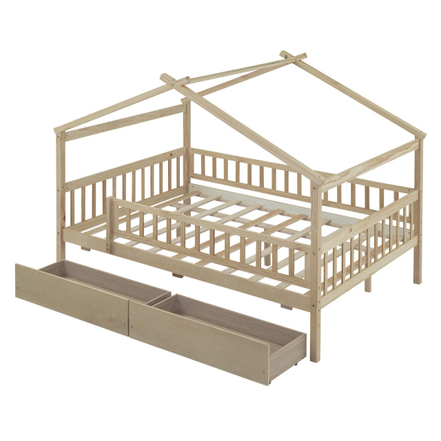 Full Size Wooden House Bed with Two Drawers, Natural