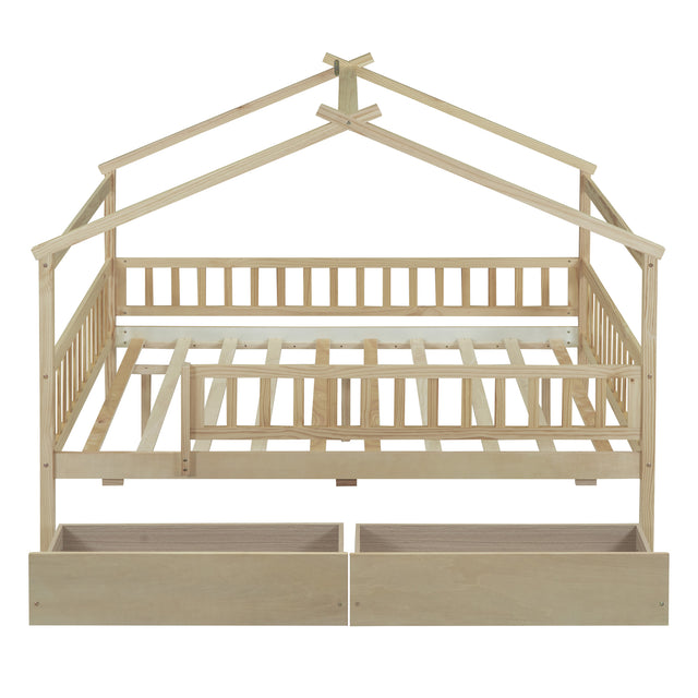 Full Size Wooden House Bed with Two Drawers, Natural